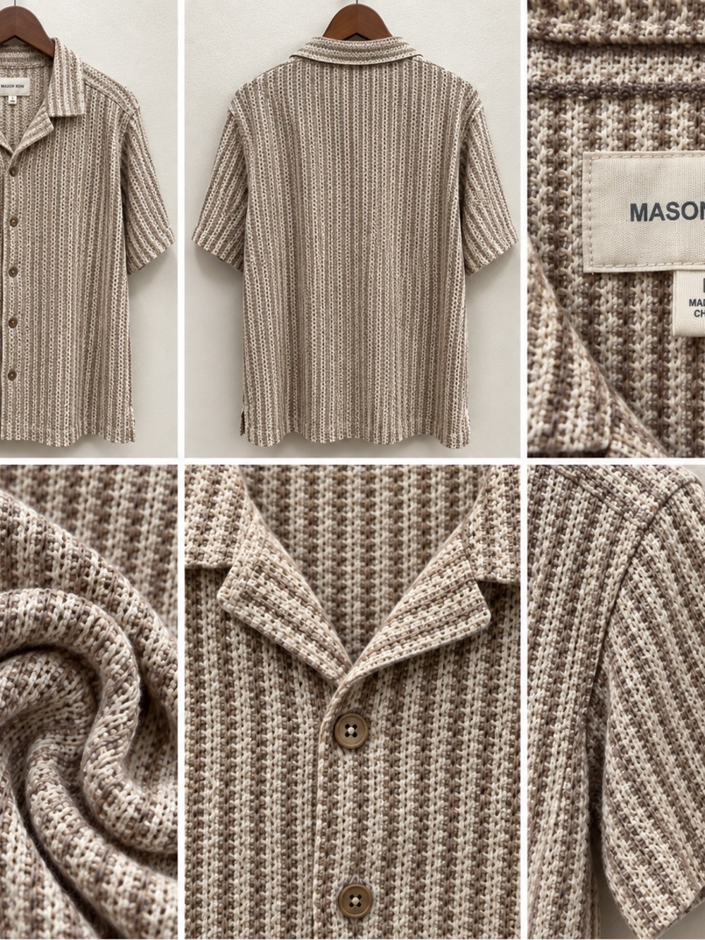 Mason Short-Sleeve Button-Front Knit Shirt in Beige and Cream